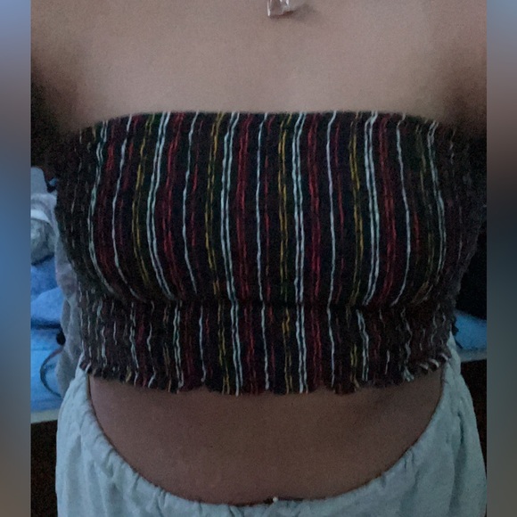 This is a black tube top with red, yellow and white stripes. - Picture 3 of 3